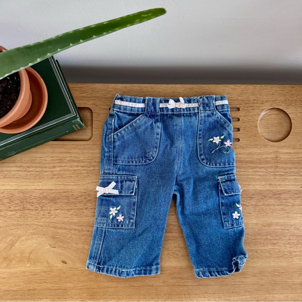 Baby Girl Floral Embroidered Jeans 3-6M Bow Detail Denim Cottagecore Spring